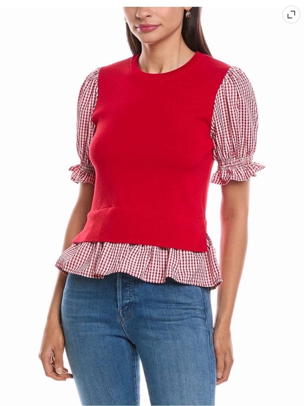Red Knit Top with Red & White Gingham Puff Sleeves